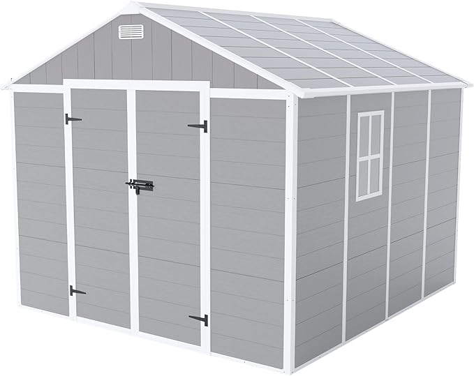 8X8 FT Resin Outdoor Storage Shed, Plastic Garden Sheds with Floor to Store Patio Furniture, Gardening Tools, Outside Patio Storage House with Window &Lockable Door for Backyard, Lawn, Grey