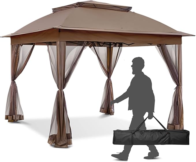 INTER HUT 11x11 Outdoor Pop up Gazebo Tent with Mesh Walls for Patio, Lawn, Backyard and Deck, Brown
