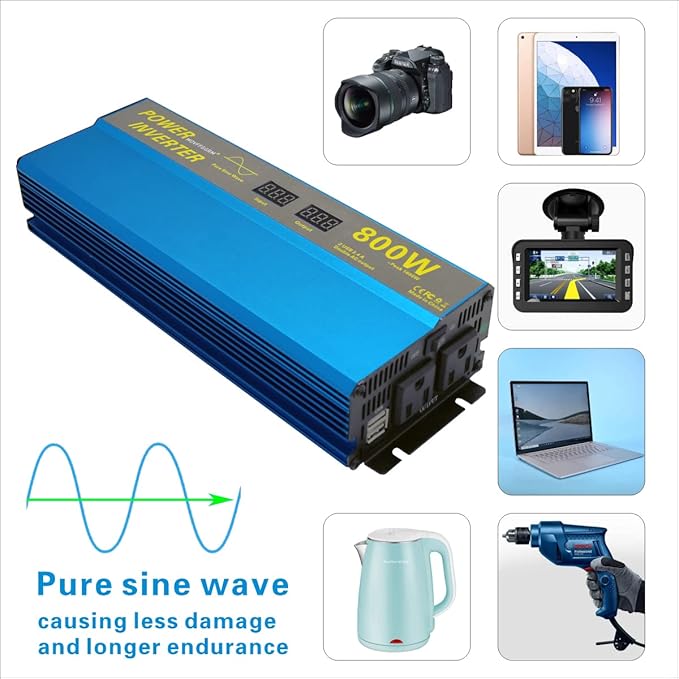 800W Peak 1600W Pure sine Wave Power Inverter for Vehicles peak-1600 watt DC 12V to 110V AC Inverter with 2.4A Dual USB Car Adapter LCD Digital Display MOVFFGGRM
