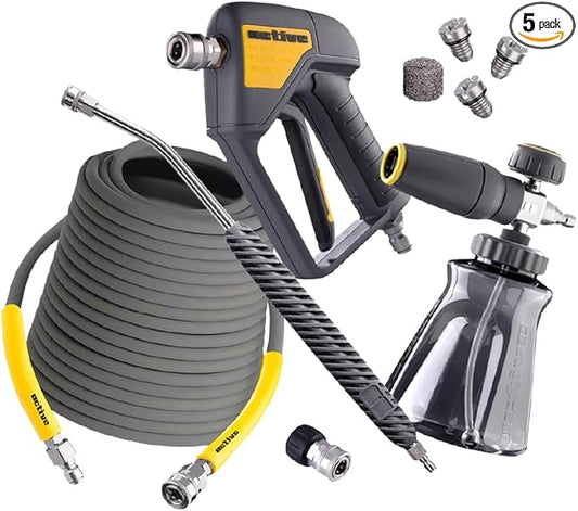 Active Pressure Washer Accessory Bundle, Adaptable for All Electric & Gas Pressure washers w/ M22-14mm Connections. Swivel Gun, Foam Cannon, Lance & 50’ Hose for DIY car wash & Professional Detailing