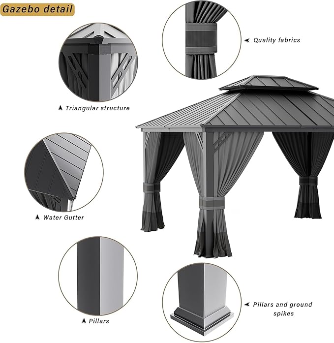 12’x14’ Hardtop Gazebo Outdoor Aluminum Frame Permanent Gazebo Galvanized Steel Double Roof Pergola with Nettings and Curtains for Patio, Lawns,Backyard, Deck,Grey