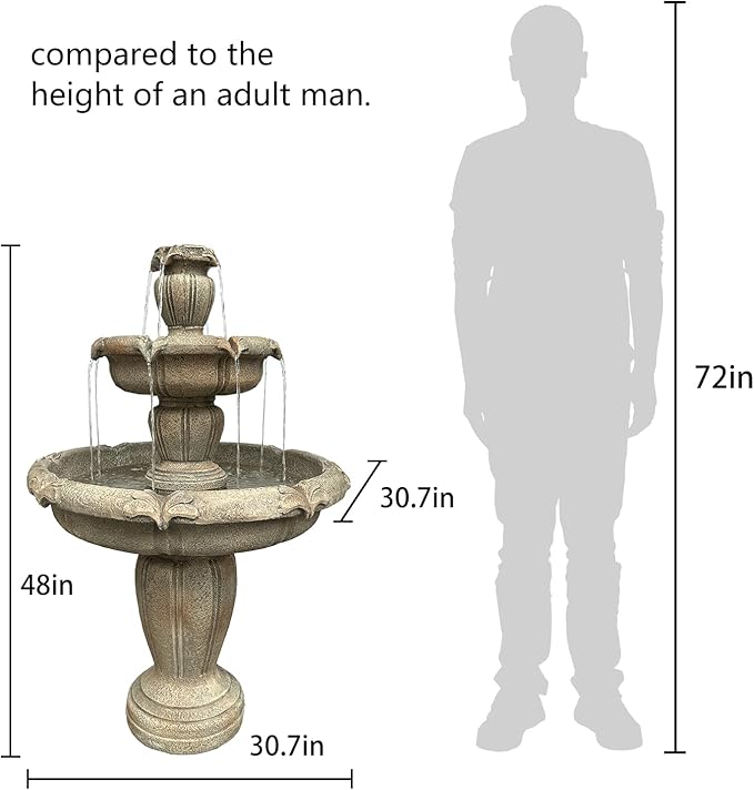 ourrco 48” H Outdoor Floor Water Fountain, 3-Tiers Concrete Water Fountain with Submersible Electric Pump - Garden Cascading Waterfall for Yard Patio Lawn Home Decor