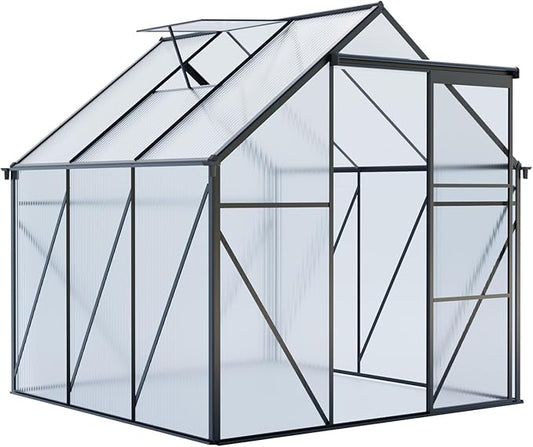 6×6 FT Compact Polycarbonate Greenhouse for Outdoors, Walk-in Aluminum Green House with Sliding Door, Raised Base & Roof Vent, Small Outdoor Greenhouse for Backyard Winter Use, Black