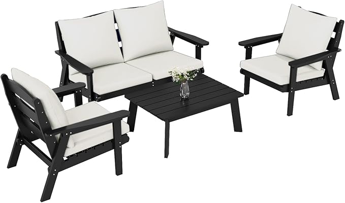 FOOWIN 4-Piece Patio Furniture Set, HDPE All-Weather Outdoor Conversation Set with Thick Cushions, Sectional Patio Sofa Furniture for Deck, Porch, Lawn, Garden, Black Frame & White Cushion
