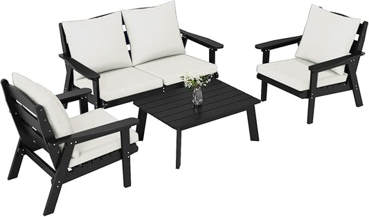 FOOWIN 4-Piece Patio Furniture Set, HDPE All-Weather Outdoor Conversation Set with Thick Cushions, Sectional Patio Sofa Furniture for Deck, Porch, Lawn, Garden, Black Frame & White Cushion