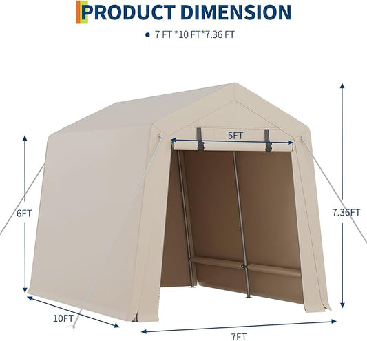 7 x 10 Ft Carport Portable Storage Shed Outdoor Tarp Sheds with Roll-Up Door, Bike Shed Storage Tent for Motorcycle, Garden Tools Khaki
