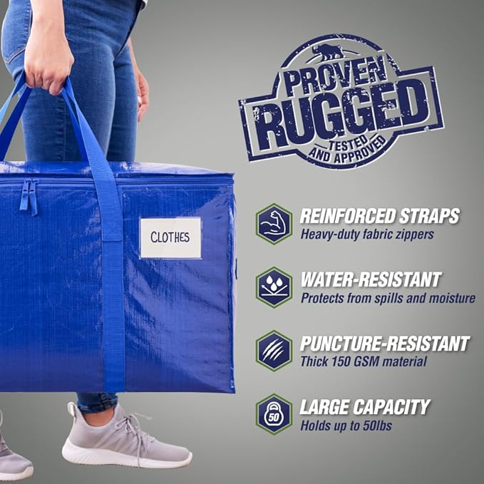 RUGGED RHINO 8 Pack Heavy Duty Extra Large Blue Moving Bags, Durable Bag with Strong Handles and Zipper, Moving Boxes Alternative for College Packing, Holiday Décor, Space Saving Storage with Label