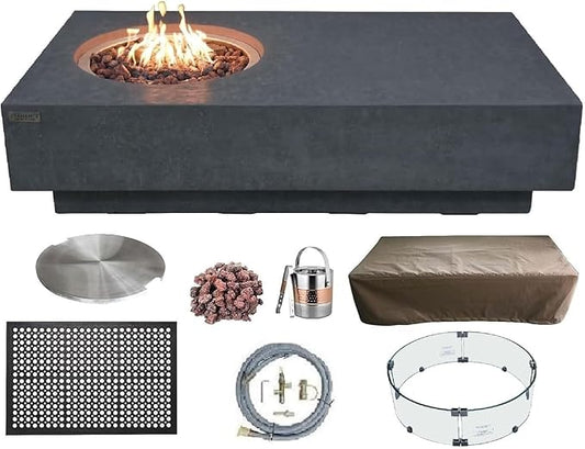 Elementi Metropolis Gas Fire Pit Bundle Concrete Fire Table, Outdoor Fire Pit Electronic Ignition | Canvas Cover, Lava Rock Included | Free AMS Wind Guard | Dark Gray (Natural Gas)