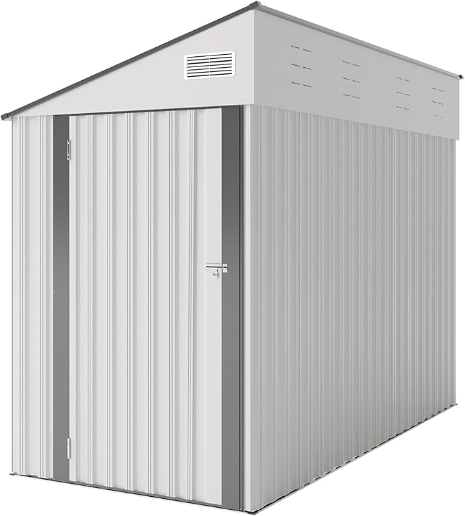 4×8 FT Outdoor Metal Storage Shed,Heavy-Duty Lean to Storage Shed with Lockable Single Side Hinge Door,Waterproof Metal Storage Tool House W/Sloping Roof,Air Vent&Protect Film,for Backyard,White