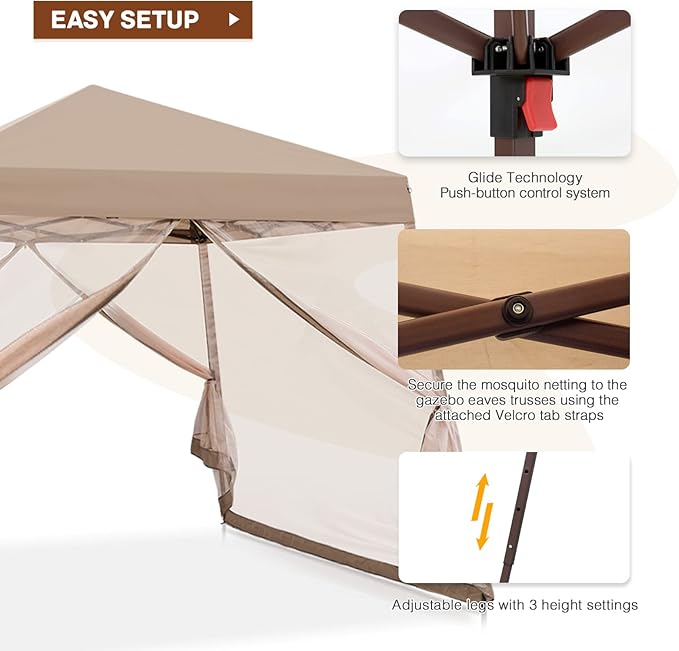 INTER HUT 10x10 Pop up Canopy Tent with Mesh Netting, Slant Leg Instant Screened House Gazebo, Beige