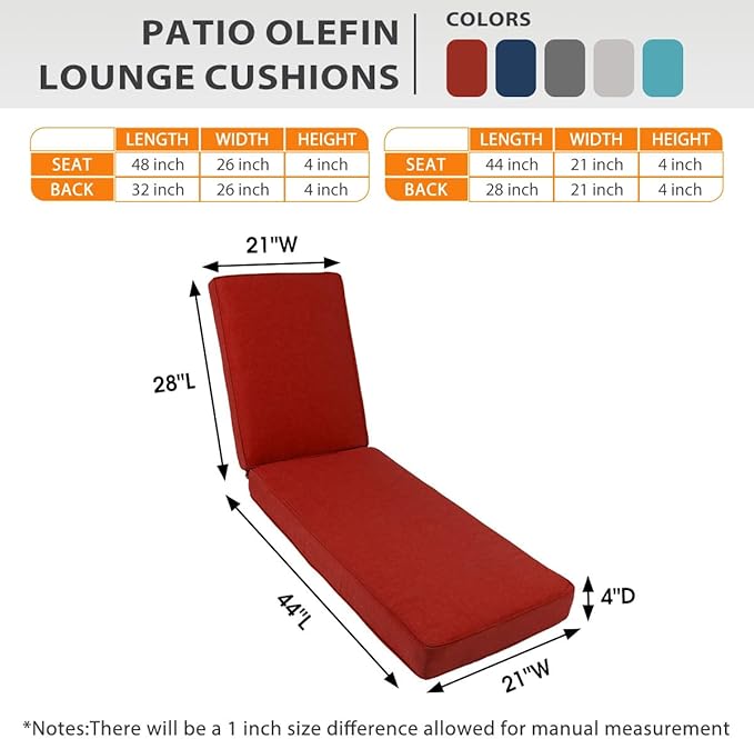 Sundale Outdoor Olefin Chaise Lounge Cushion, Water-Resistant Patio Lounge Chair Cushion, Thick Lounger Pad with 4 Straps Red, 72 x 21 x 4 Inches