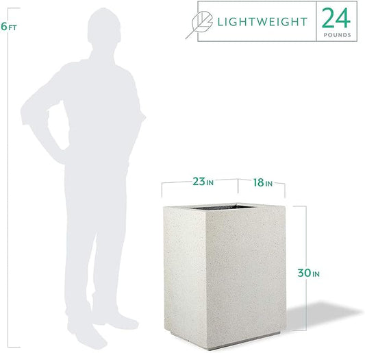 PolyStone Cozumel Tall Modern Outdoor/Indoor Column Planter, 23" L x 18" W x 30" H, Lightweight, Heavy Duty, Weather Resistant, Polymer Finish, Commercial Grade and Residentia (White Granite)