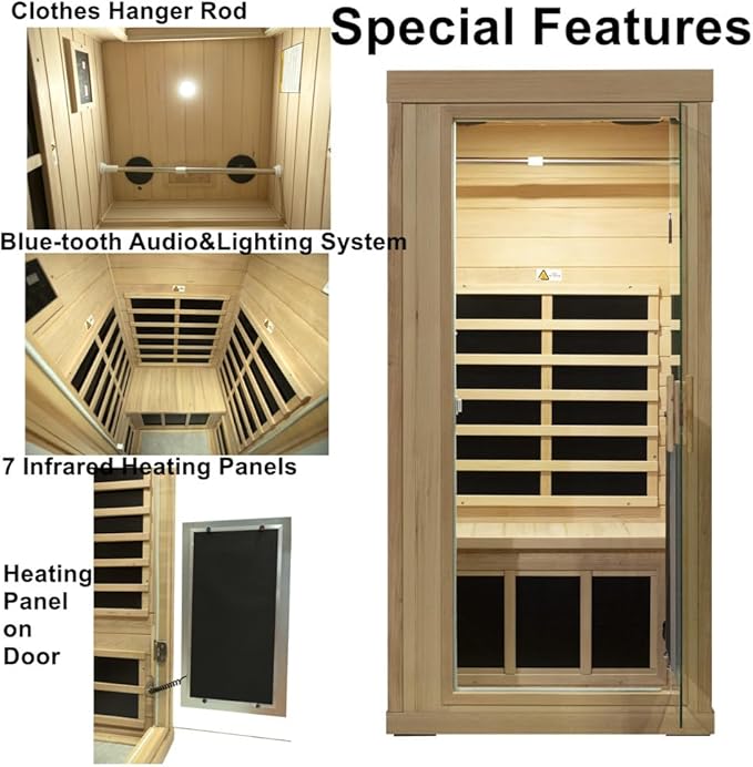 Red Cedar Sauna 1 Person Low EMF Far Infrared Saunas for Home, 1350 watt Indoor Personal Sauna Room with Door Heating Panels, Clothing Hanging Rod, Blue-Tooth Speakers, LED Reading Lamp