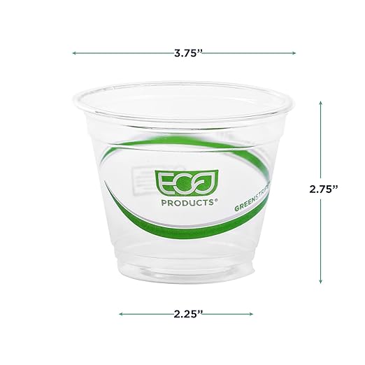 ECO PRODUCTS GreenStripe Clear Compostable 9oz PLA Plastic Cups, Case of 1000, Disposable Renewable Plant-Based Cold Cups, For Cold Drinks & Snacks, BPI Certified, ASTM Compliant.
