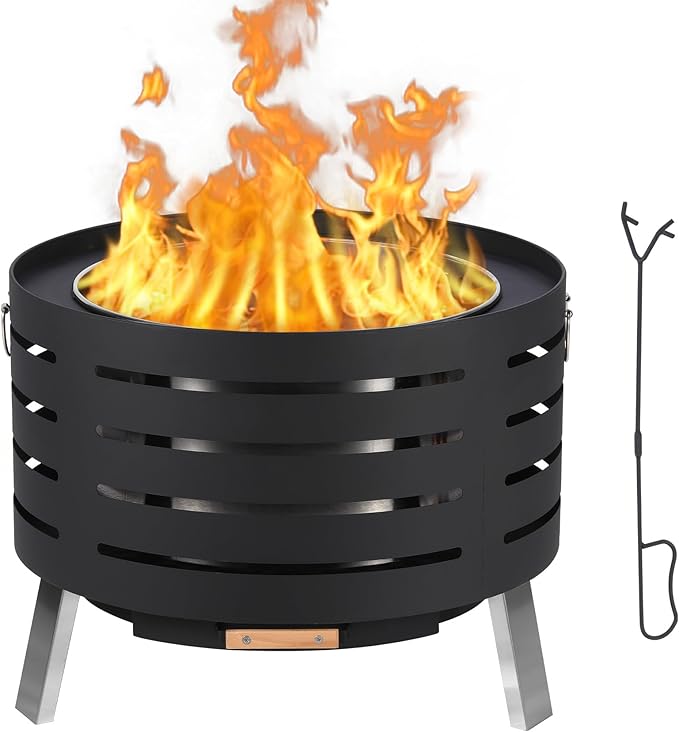 GarveeLife 26 in Smokeless Fire Pit with Removable Ash Pan, Wood Burning Firepit Table with Fire Poker,Smokeless Outdoor Fireplace with Carrying Bag, Outdoor Fire Pits for Bbq, Table, Bonfire, Camping