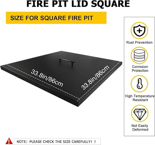 Fire Pit Cover Lid 34" x 34" Square Drop-in Outdoor Fireplace Cover Lid Multiple Sizes and Shapes Available Alloy Steel