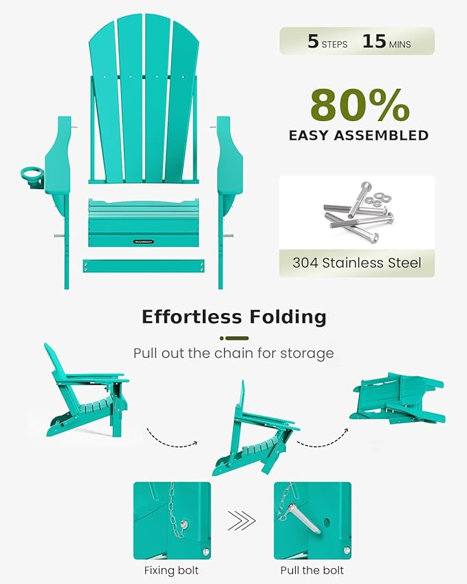 MUCHENGHY Folding Adirondack Chairs 4 Pack, Patio Chairs, Outdoor Chairs, Adirondack Chair Plastic, Fire Pit Chairs, Weather Resistant with Cup Holder for Deck, Backyard, Garden(Lake Blue)