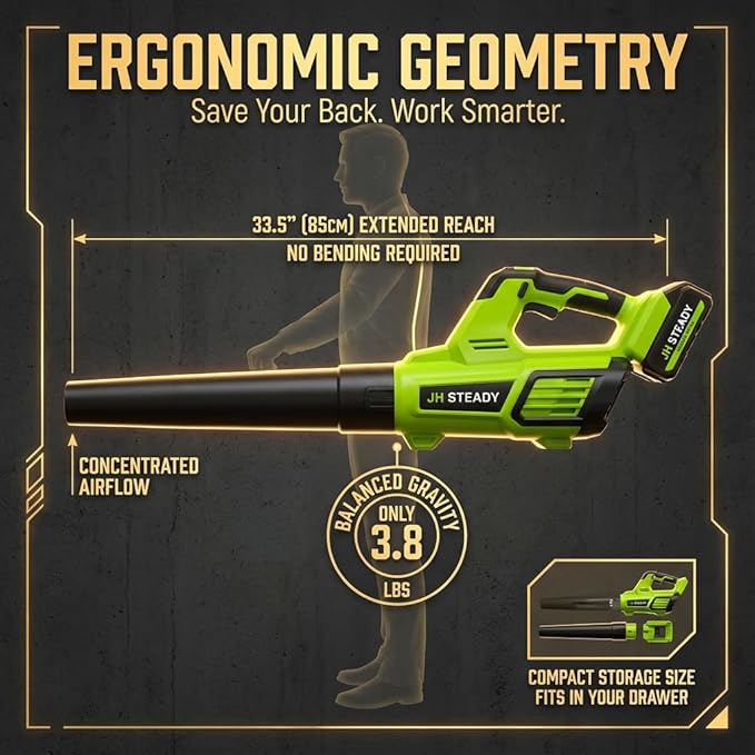 JH Steady 21V Cordless Leaf Blower - 3500W 350m/s, Stepless Variable Speed, Extended Nozzle, Rechargeable with Safety Gear (Green:1*Battery + Charger)
