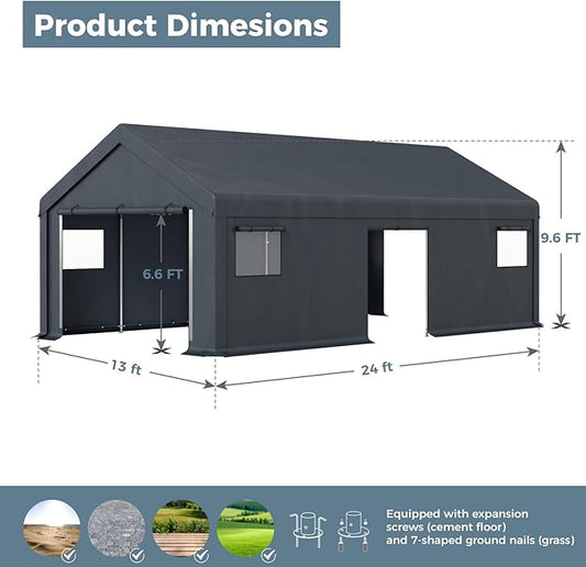 GREEN PARTY Carport, 13'x24' Extra Large Heavy Duty Carport with Roll-up Windows, Waterproof & 12 Legs Car Canopy Portable Garage Shelter with Removable Sidewalls & Doors for Car, Truck, SUV, Boat