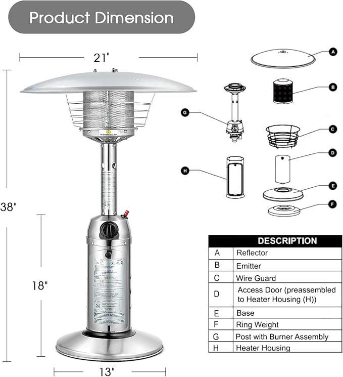 Tangkula Tabletop Propane Patio Heater, 11,000 BTU Portable Outdoor Heater W/Adjustable Flame, Simple Ignition System, Tipping-Over Protection, Ideal for Courtyard, Garden, Patio Restaurant (Silver)