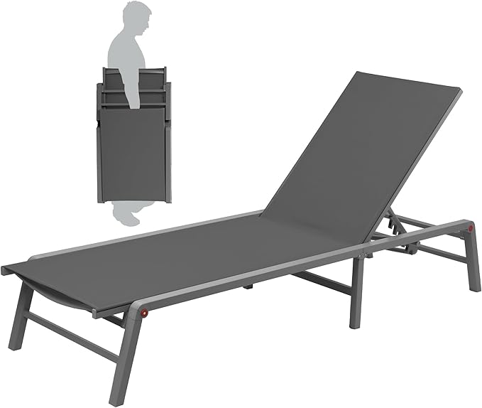 Kozyard Lounge Chair Outdoor Foldable Lounge Chair with 5 Adjustable Backrest Patio Lounger, Assemble-Free, Recliner and Full Flat Chairs for Patio Beach Pool (Gray Textilence W/O Table)