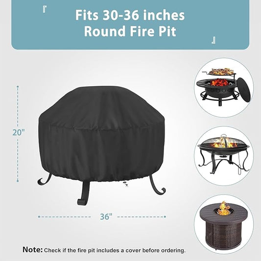 SHINESTAR Fire Pit Cover Round 36 In, Outdoor Fire Pit Cover for 30-36 Inches Fire Pits, Windproof Drawstring & Waterproof Layer, Black