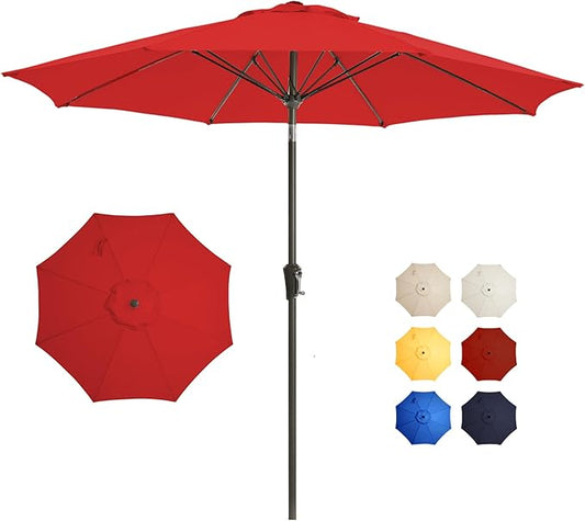 9FT Large Outdoor Patio Umbrella Market Table Umbrella-UV Resistant, Easy Push Button Tilt and Crank, 8 Sturdy Ribs Heavy-Duty Pool Umbrella for Deck, Backyard,Garden,Red