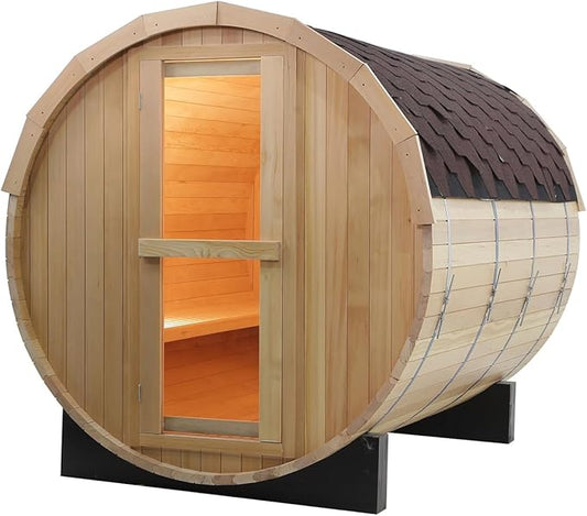 Smartmak Outdoor Barrel Steam Sauna, 6-8 Person Canadian Hemlock Wooden, with 6KW Toule Electric Stove, Accessories, Asphalt Shingle Roof (220V)