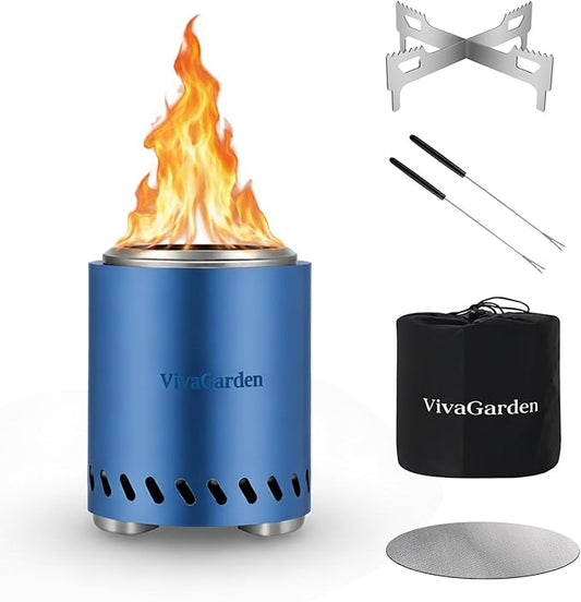 Smokeless Tabletop Fire Pit, VivaGarden Portable Outdoor Fire Pit for Camping, Patio, Backyard, Wood and Pellets Burning Camping Stove with Carry Bag, Forks, Mat and Pot Stand (9.7x7.1 Inch, Blue)