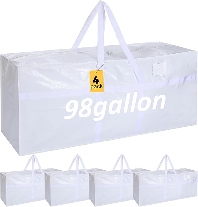 Windyun 4 Pack 98 Gallon Extra Large Storage Bags XXL Moving Bags with Zipper Handles Heavy Duty Jumbo Big Tote Box for Christmas Tree Storage 4, 5, 7.5, 9, 10, 12 ft Skeleton College Dorm(White)