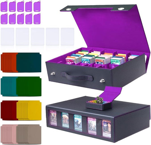 5-Row 3900+ Trading Card Storage Box for MTG, Card Deck Box with Snap-fit Design, 5 Card Sleeves, 10 Stoppers, 80 Dividers and 1 Dice Tray (Black-Purple)