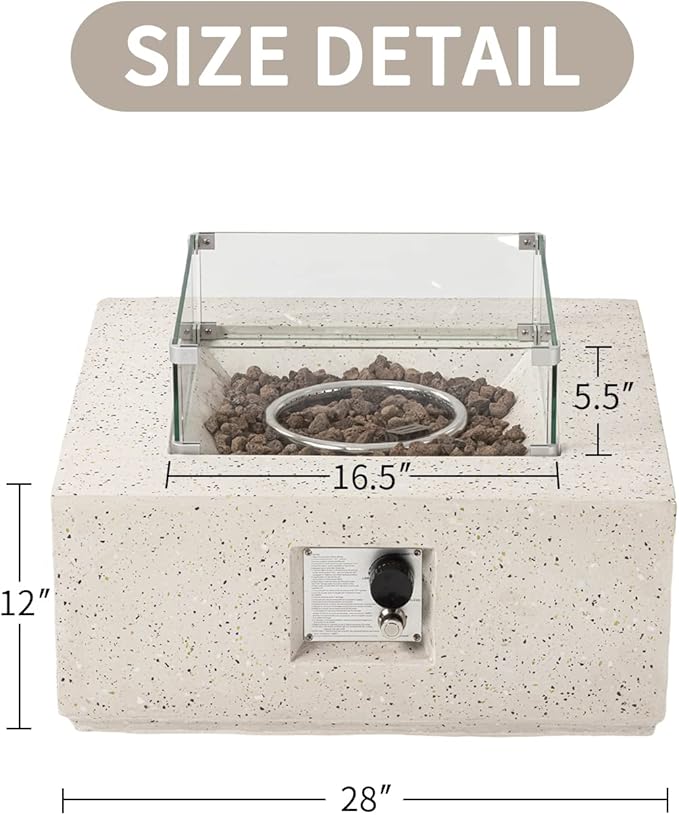 SUNBURY Outdoor 28 Inch Propane Fire Pit Table, Square Fire Table w Glass Wind Guard, 40,000 BTU Spotted White Patio Gas Fire Table Waterproof Cover, Lava Rocks