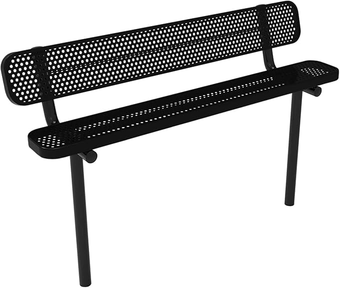 COATEDOUTDOORFURNITURE Coated Outdoor Furniture Heavy-Duty Outdoor Bench Thermoplastic Coated, Punched Steel, Commercial-Grade Seating, Made in America (Inground with Back, 6 Ft, Textured Black)