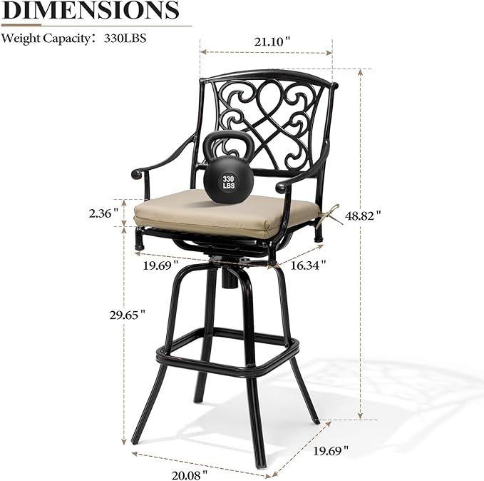 Crestlive Products Outdoor Bar Stools with Sunbrella Cushion Set of 2, 360° Swivel Patio Bar Height Chairs, All Weather Heavy Duty Commercial Grade Furniture, Antique Brown Finish for Outside (Tan)