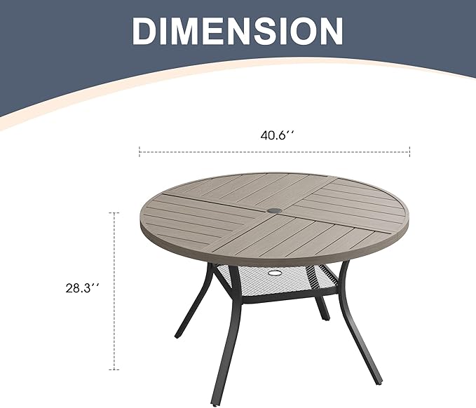 VICLLAX Round Patio Dining Table, 4 Person Metal Outdoor Dining Table with Umbrella Hole and Storage Shelf for Garden Lawn Deck, 40.6" Grey