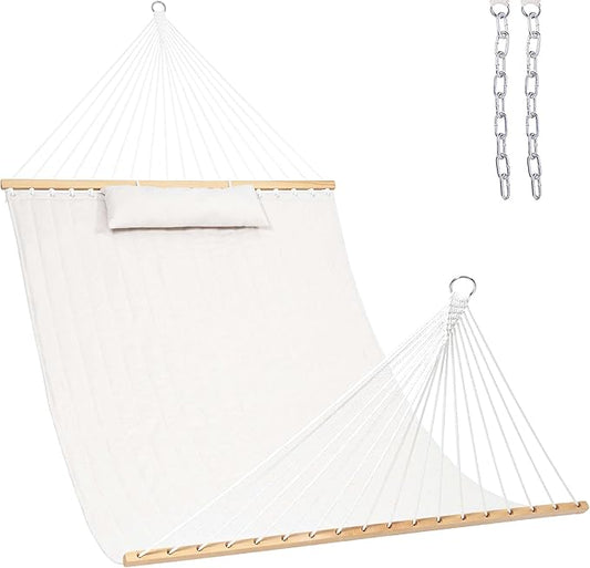 Lazy Daze Hammocks 12 FT Sunbrella Quilted Hammock Double Hammock with Hardwood Spreader Bar, for Patio Outdoor Outside All Weather, 450 lbs Capacity, Cream