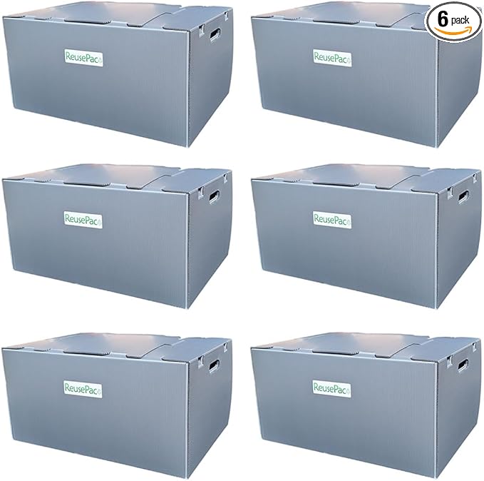 Reusable Foldable Box Corrugated PP Lightweight, Storage Moving Mailing, Heavy Duty Stackable, Tape Free Self-Locking Lid, Handles for Business Home X-Large (6 Pack Gray 24x16x12 in)