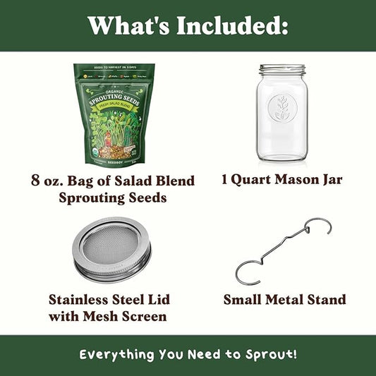 Seedboy Organic Non-GMO Fresh Salad Blend Sprouting Seeds & Kit – Includes Jar, Lid & Stand – USA Grown Microgreens Mix – 8 oz Bag Makes 24 Servings (Sprouting Jar/Salad Blend)