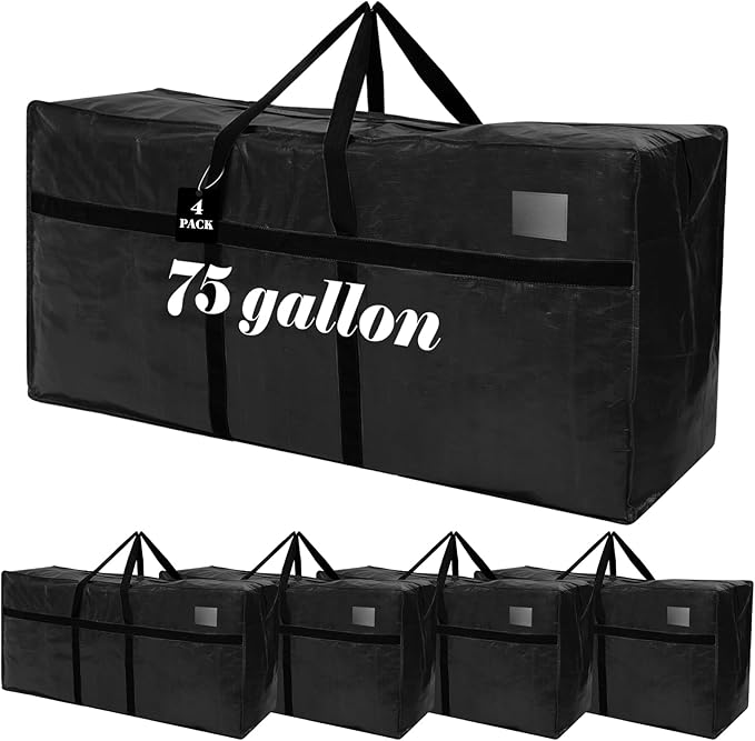 Windyun 4 Pack 75 Gallon Extra Large Storage Bags XXL Moving Bags with Zipper Handles Heavy Duty Jumbo Big Tote Box for Christmas Tree Storage 4, 5, 7.5, 9, 10, 12 ft Skeleton College Dorm(Black)