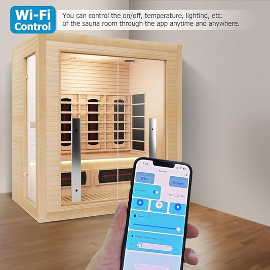 3-4 Person Hybrid Home Wood Sauna, Indoor WiFi Control Far Infrared & Traditional Canadian Hemlock Steam Saunas Spa with Red Light Therapy, 11 Heating Elements & Electric Stove, Accessories, Leftdoor
