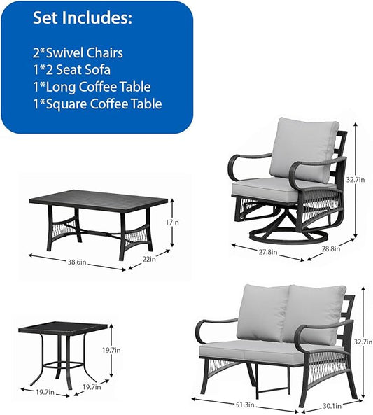 5 Piece Patio Furniture Set, Outdoor All Weather Conversation Sofa Set with 2 Swivel Chairs, Rope Braided Design and Thick Cushions for Garden, Porch, Lawn, Grey