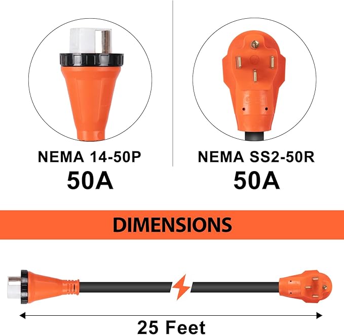 WELLUCK 50 Amp 25FT RV Power Extension Cord with Cord Organizer, Heavy Duty NEMA 14-50P to SS 2-50R RV Twist Locking Adapter Plug for RV Camper and Generator to House,RV Gauge, ETL Listed