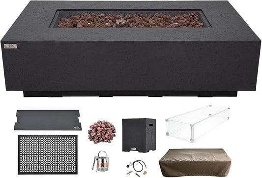 AMS Creations | Madison 60" Bundle Rectangular Propane Gas Outdoor Fire Pit Table | Dark Gray Concrete GFRC | Limestone Texture or Surface | Electronic Ignition | Outside Backyard Fireplace