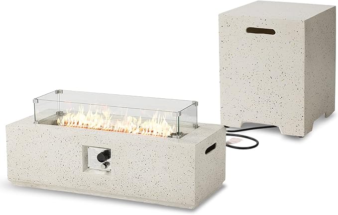 SUNBURY Outdoor 42 Inch Propane Fire Pit Table, Rectangle Fire Table w Tank Table, 40,000 BTU Spotted White Patio Gas Fire Table w Glass Wind Guard, Waterproof Cover, Lava Rocks