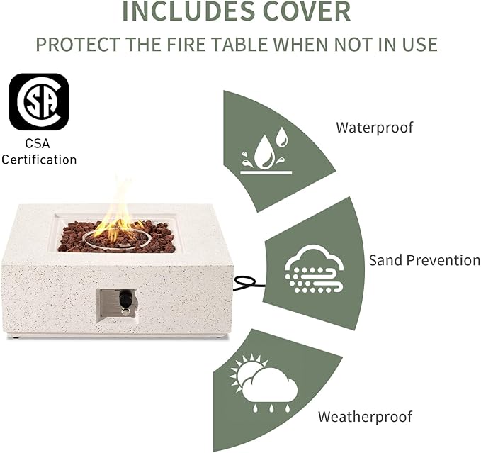 COSIEST 2-Piece Outdoor Propane Fire Pit Table Set w Tank, Beige Faux Stone 35 inch Square Fire Table w Certified, 50,000 BTU Stainless Steel Burner, w 20lb Hideway Tank Cover for Garden, Porch