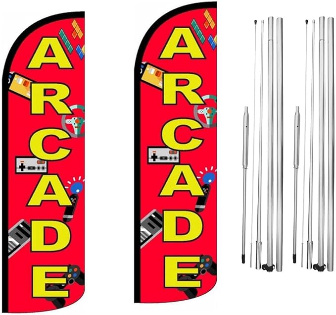 Arcade Feather Flag | 3ft W x 11.5ft H | Durable Super-Knit Polyester with Aluminum Flagpole and Ground Spike | Outdoor Advertising Banner Flag for Promotions | Two Kits w/Hardware