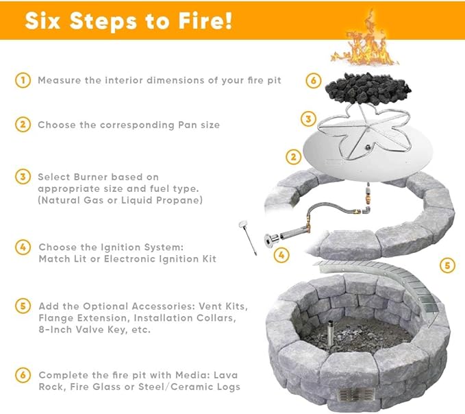 HPC Penta Match Lit Fire Pit Burner Kit (FPS-PENTA30KIT-NG-MSCB) with 30-Inch Stainless Steel Burner, Natural Gas, Polished Chrome, with Flange, Key, Valve, Flex Line and Fittings