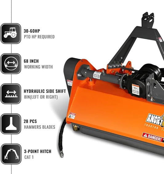 68'' Working Width 3 Point PTO Flail Mower with 8inch Left/Right Hydraulic Side Shift,for 30-60hp CAT 1 Tractor, NAM68H