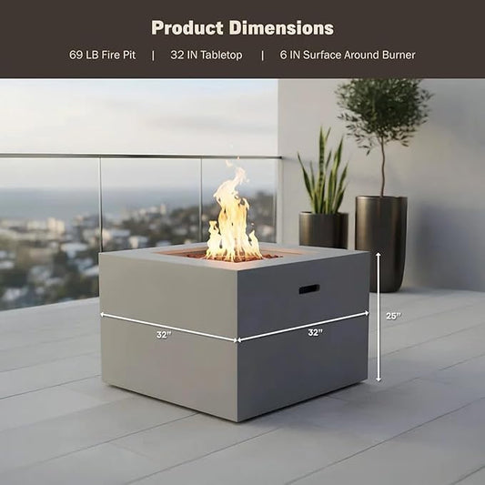 32" Smokeless Outdoor Alloy Steel Fire Pit Table w/Lid, All in One Propane Fire Table, Square Patio Firepit Table 50,000 BTUs, Lava Rocks, Weatherproof Cover, CSA Certified, for Outside Patio