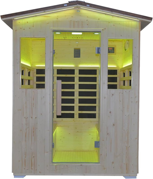 Outdoor Infrared Sauna 4 Person, Spruce Wooden Large Sauna 240V 2600W Heaters Panels with LCD Display Control Multi Color Light Strip Bluetooth Speaker Oxygen Bar